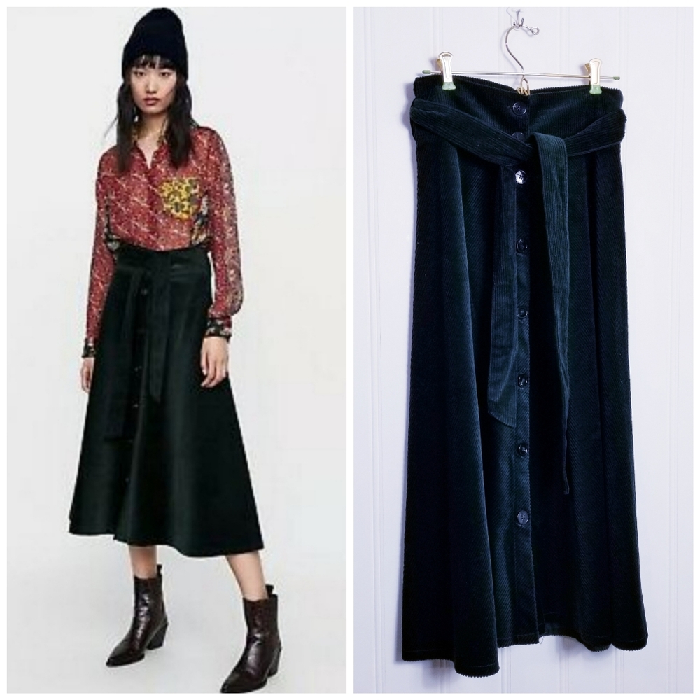 Long Skirt by Zara Womens Green Corduroy Buttoned A-line Belted